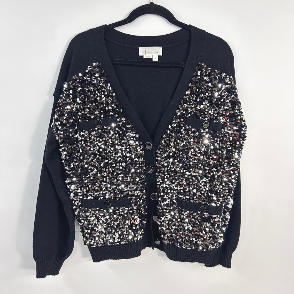 Anthropologie Sequin Cardigan Medium Black Holiday Party Sparkle Glam Sweater